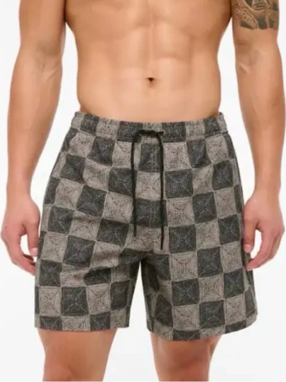 Abercrombie & Fitch Men's Seersucker Checkerboard Swim Shorts in Gray and Black